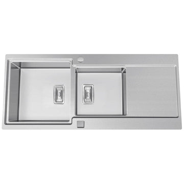 Chiuveta bucatarie inox dubla cu 2 cuve + picurator si ventil automat reversibila stanga/dreapta + accesorii montaj, 1160x500x200 mm cod 6072